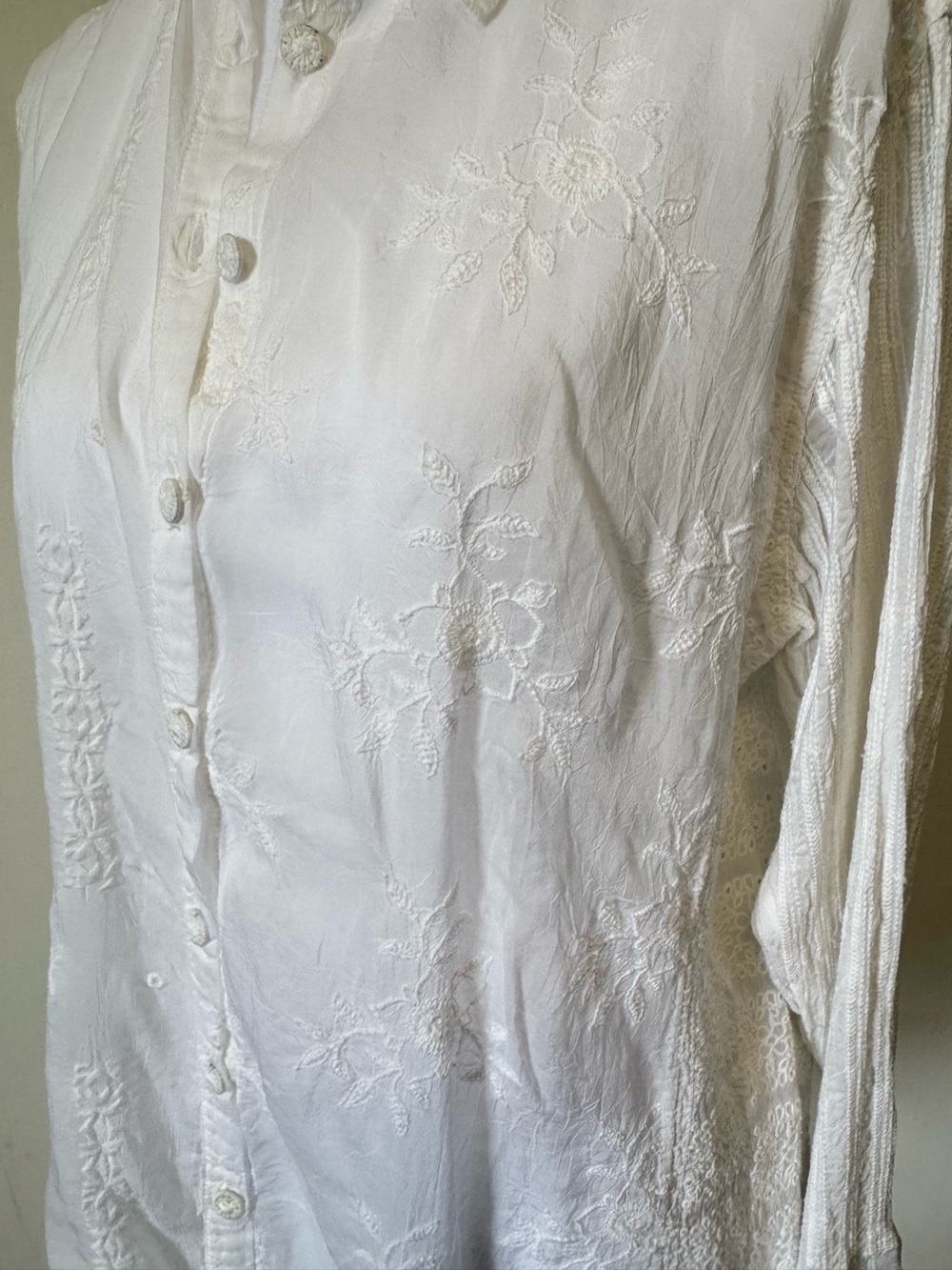 Johnny Was NYX Shirt Off White Mixed Media Blouse Large Coastal Euro Summer NWT - Picture 8 of 16